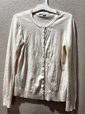 LOFT Button Front Crewneck Cardigan Sweater White Small